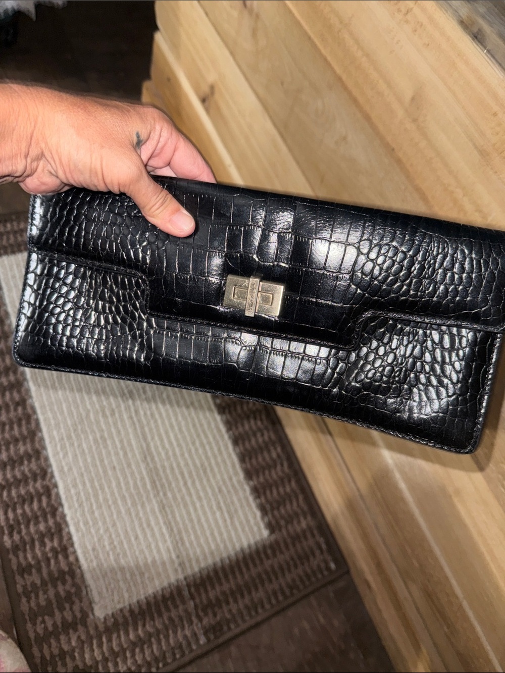 ANTONIO MELANI Black Croc-Embossed Leather Clutch